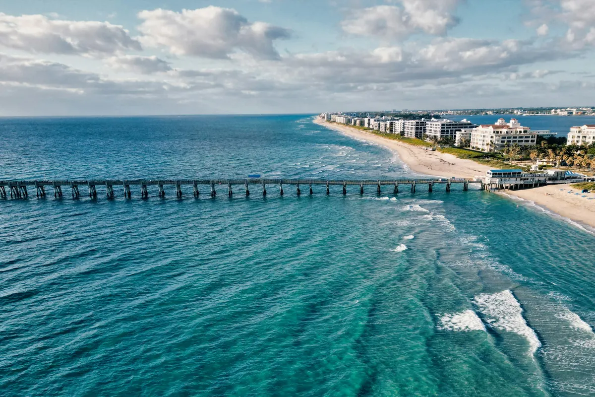 Palm Beach shoreline and pier seen from the air